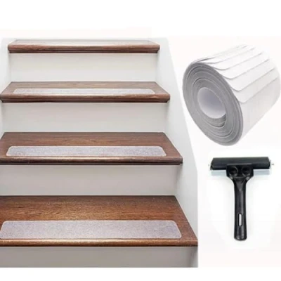 Imagen de Juego de tiras antideslizantes para escaleras, transparentes, impermeables, alfombra autoadhesiva con rodillo instalación (15 x 60 cm, 15 unidades)