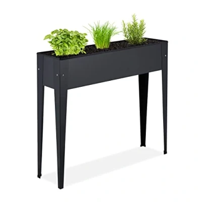 Imagen de Relaxdays 1 Cama Alta Huerto Urbano Metal, Mesa Cultivo Compacta, Patas Altas, Jardinera Balcón, Terraza, Jardín, 83x99x26 cm, Negro, Hierro