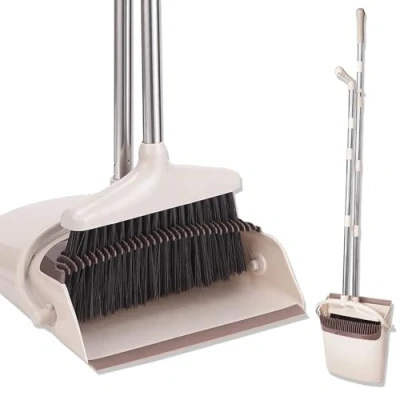 Imagen de JUPPLIES Escoba y Recogedor Plegable de Mango Largo, Juego Alta Recogedora Barredora Vertical Interior para Barrido Casa (Beige)