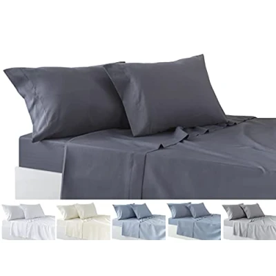 Imagen de Todocama Juego de Sábanas 4 Piezas Sábana Bajera Ajustable Encimera Dos Fundas Almohada 50x80cm. (Cama 200 200x190/200 cm, Gris Oscuro)