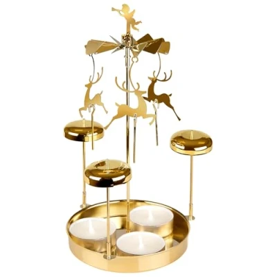 Imagen de BRUBAKER Carillón de Metal Carrusel Portavelas con Reno Incl. 3 Velas Té Pirámide Giratoria Mesa para Decoración Navideña Dorado