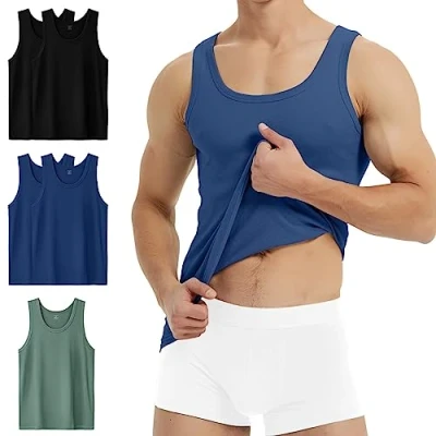 Imagen de YouShow Camiseta Tirantes Hombre sin Mangas 100% Algodón Tejido Canalé Ropa Interior Verano Pack de 5, 2 Negro, Marino, 1 Oliva M