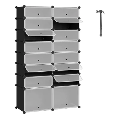 Imagen de WOLTU Zapatero Modular Estantería por Módulos DIY, con 16 estantes Almacenamiento para Habitación Salón Baño y Sala de Estar, Plástico, Puerta Negro SR0053sz+SR0053sz TR