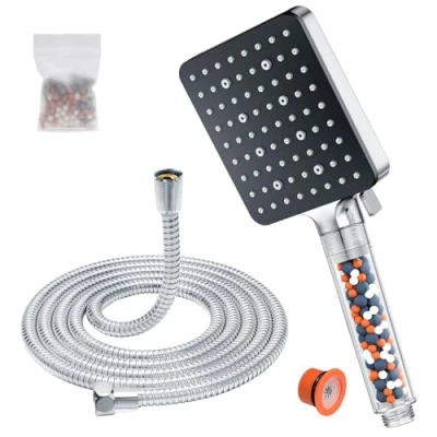 Imagen de Alcachofa de Ducha con Manguera 1.6m, YEAUPE PRO Filtro Agua Alta Presion, Cabezal Antical, Duchas Baño Cuadrado Rociador 6 tipos, Grande por electrico ducha,Negra
