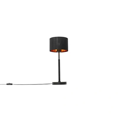 Imagen de Qazqa Moderno Lámpara de mesa moderna negra pantalla oro VT 1 Textil/Acero Redonda Adecuado para LED Max. x 60 Watt