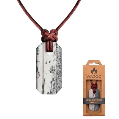 Imagen de Wazoo Survival Gear Colgante de piedra afilar vikingo Collar cuchillos Novaculite Arkansas en cordón cuero Nudos inspirados nórdicos Fabricado Estados Unidos