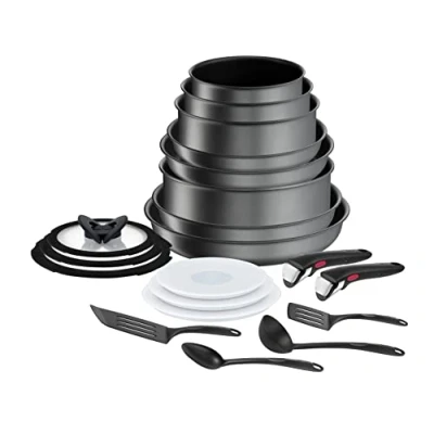 Imagen de Tefal Ingenio Daily Chef ON Juego de ollas y sartenes, 20 piezas, apilables, mango extraíble, ahorro espacio, antiadherente, inducción, gris, L7619402