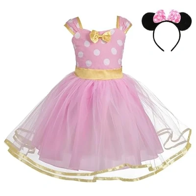 Imagen de Lito Angels Disfraz de Minnie Mouse para Niña con Orejas Ratón Aro Pelo, Vestido Tul Lunares, Talla 4 5 años, Rosa