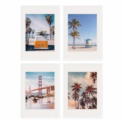 Imagen de PHOTOLINI marcos 50x70 cm blanco madera MDF, set de 4 para pósteres con paspartú 40x50 cm, cristal acrílico, colgar y poner pie, incluye accesorios fotos, láminas