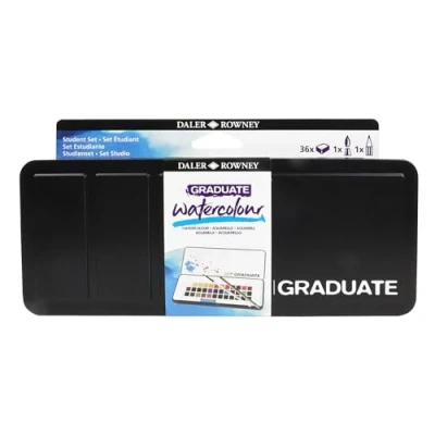 Imagen de Daler Rowney Graduate Watercolour, Funda de cartón, Medio Godet, Set estudiantes, 36 colores surtidos + 1 pincel acuarela Aquafine