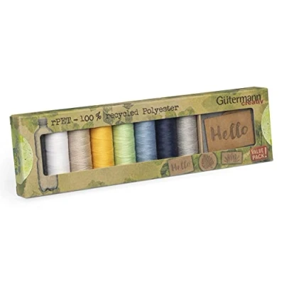 Imagen de Gutermann creativ set de hilos coser rPET con 8 bobinas Coselotodo 100 m 100% poliéster reciclado + 3 DORTEX etiquetas. FloraPap las etiquetas sostenibles y veganas, 734588
