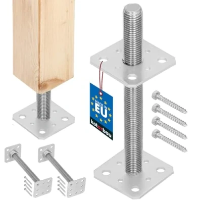Imagen de KOTARBAU® Lote de 2 Soporte para postes 80 mm x 250 mm, rosca M24 atornillar, Base sujeción galvanizada, Altura ajustable, Pie suelo hormigón, Placa regulable