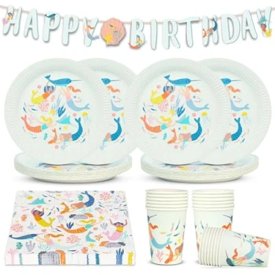 Imagen de Talking Tables Decoraciones de fiesta sirena y vajilla, paquete 50 unidades, incluye banderines reutilizables feliz cumpleaños, 16 servilletas, vasos, platos papel, mantel desechable bajo