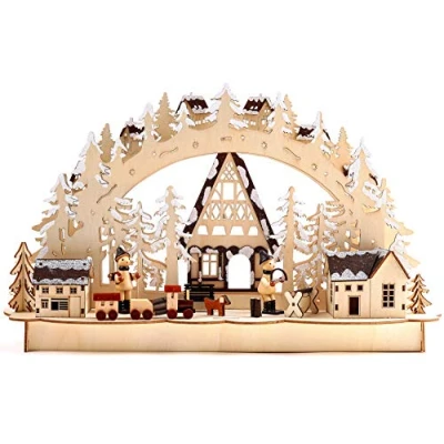 Imagen de BRUBAKER 3D Puente de vela Madera Navidad Luz arco Paisaje Invierno con Trabajadores la Iluminación LED Natural 43,5 x 26,8 10,1 cm Pintado a mano