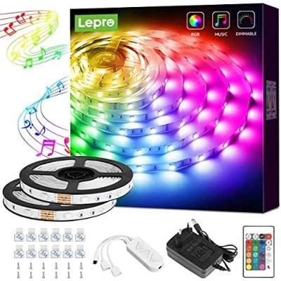 Imagen de Lepro Luces LED Habitación 10M, Tira RGB, Sincronización de Música, Luz Musical 5050 SMD, 12V 24 Teclas Cinta Autoadhesivas, Strip para Decorativa TV, Fiesta, Dormitorio, Cocina(5M*2)