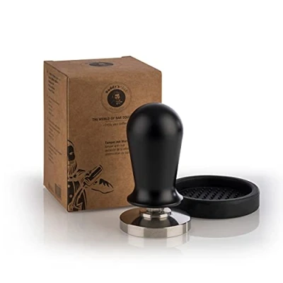 Imagen de Buddy&#039;s Bar Barista Edition, prensador de café, 53 mm diámetro, Base: 10 cm, Acero Inoxidable, Sello Espresso para portafiltros mm, café con Alfombrilla Silicona, Negro