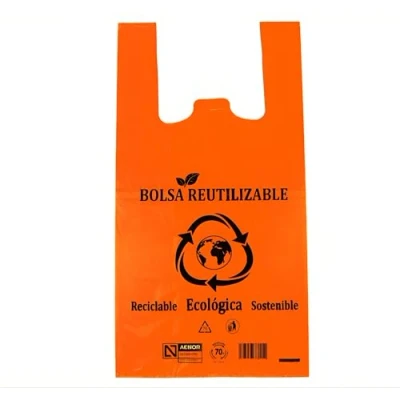 Imagen de DAYMAND STORE Bolsas Plastico de NARANJAS 70% Reciclado 1 Paquete 100uds 42x53cm Resistentes Asas Bolsa Galga 200 Camiseta