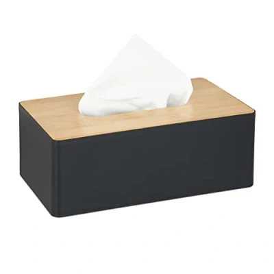 Imagen de Relaxdays Caja para Pañuelos con Tapa de Bambú el Baño, Diseño Moderno, Plástico, Negro y Natural, 10 x 26 14 cm Aprox
