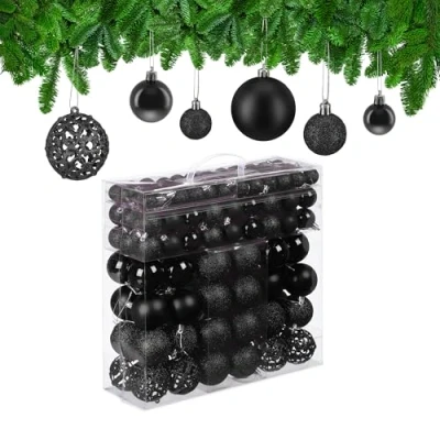Imagen de Relaxdays Juego Bolas Árbol Navidad, Decoración Navideña Mate, con Brillantina, Relucientes, de 3, 4 y 6 cm Ø, Negro, 150 Unidades