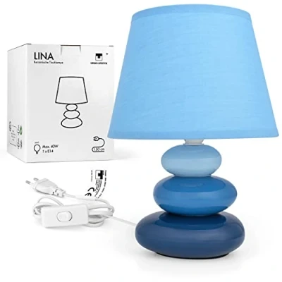 Imagen de lámpara de mesa &quot;Lina&quot; (azul) con pantalla tela, compatible LED, E14, 230V cerámica, noche, sofá, lámparas alféizar