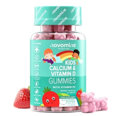 Imagen de Novomins Gominolas de Calcio Vitamina D para Niños Huesos y Dientes Sanos Vegetariano Vitaminas un Mes K2