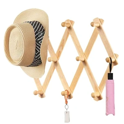 Imagen de YUEMING Perchero de pared Madera Maciza, Percha Extensible Acordeón Color Nogal con 10 Ganchos, plegable，Perchero