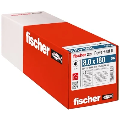 Imagen de fischer PowerFast II 566337 Tornillo para madera (8,0 x 180, 50 unidades), color plateado