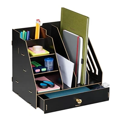 Imagen de Relaxdays Organizador Escritorio 3 Compartimentos A4, Baldas, 2 Portalápices, 1 Cajón, Oficina, MDF, Color Negro, Tablero de Fibras, 29,5 x 33 24 cm