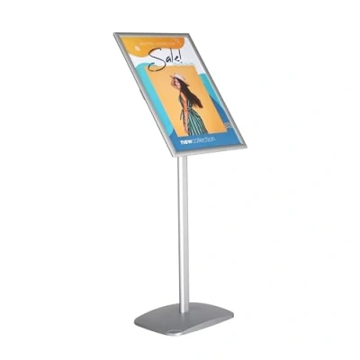 Imagen de DISPLAY SALES Porta folletos DIN A2 para carteles de 420 x 594 mm Soporte información diseño PREMIUM plateado Placa base aluminio pesado Utilizable en formato vertical y horizontal.