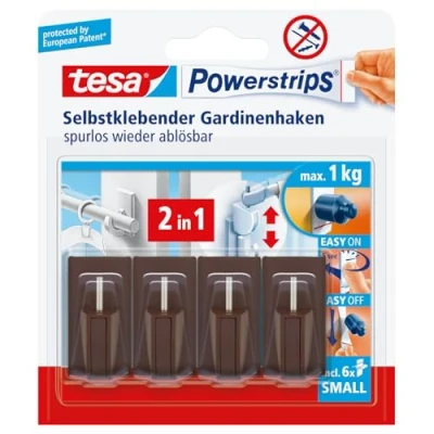 Imagen de Tesa 58047 00002 00 Powerstrips Ganchos adhesivos para cortinas Vario (4 ganchos, 6 tiras adhesivas), color marrón