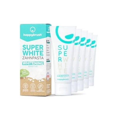 Imagen de happybrush® pasta de dientes vegana SuperWhite sabor a menta Una blanqueadora para unos impolutos Pack ahorro (5 tubos 75 ml)