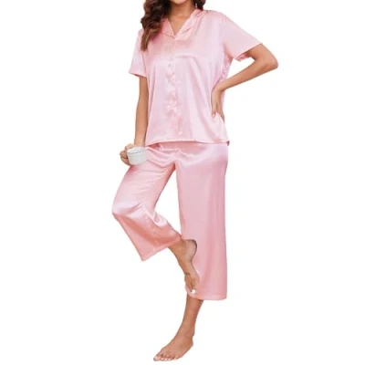 Imagen de Reliwel Conjunto de Pijama Saten Mujer 2 Piezas Sets Invierno Manga Corta con Botones and 3/4 Pantalón Ropa Descanso Noche Loungewear S XXL