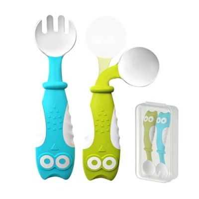 Imagen de Cubiertos para Bebé con Mango Plástico Incurvado Set de Cuchara y Tenedor Infantiles Caja Almacenamiento Silicona Aprendizaje Seguros Duraderos