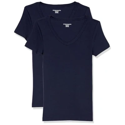 Imagen de Amazon Essentials Camiseta de Cuello en Pico Manga Corta y Ajuste Entallado Mujer, Pack 2, Azul Marino, XS