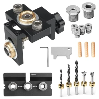 Imagen de Localizador de Perforación 3 en 1, Pocket Hole Jig Kit 6/8/10/12/15 mm Plantilla Taladro para Carpintería Herramienta con Clip Posicionamiento Guía Ajustable