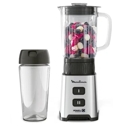 Imagen de Moulinex Pulseo LM17GD batidora de vaso individual 400 W, 4 cuchillas 700 ml y con recipiente portátil 600 ml, 2 velocidades, para zumos smoothies, acero inoxidable