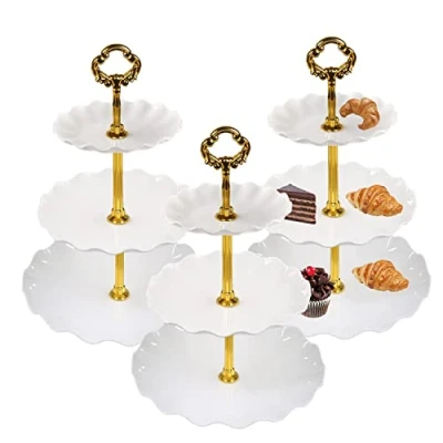 Imagen de Quanerba Soporte para Tartas de 3 Pisos, Pack Bandeja Tartas, Reutilizable Plato Frutos, Cupcake y Torre Postre, Cupcakes Expositor Tartasde Desmontable (Espesamiento)