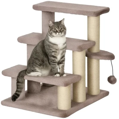 Imagen de PawHut Escalera para Gatos Mascotas de 3 peldaños con Postes rascadores Bola Perros hasta 5 kg Felpa Yute marrón 45 x 40 48 cm