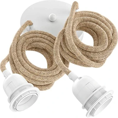 Imagen de Hoopzi Hang 2 Lamparas de Techo Colgante 2,5 Metros Cable Electrico Trenzado Portalámparas E27 Para el Salón, Dormitorio, Cocina Cuerda y Blanco