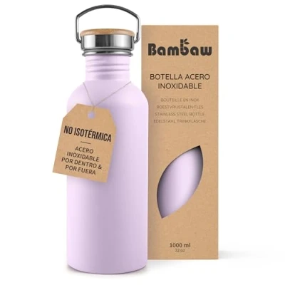 Imagen de Bambaw Botella agua acero inoxidable 1 litro No Térmica, de violeta, deportiva, Cantimplora 1l, 1l Lila lavanda