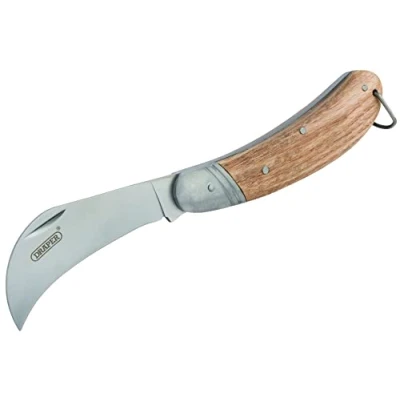 Imagen de Draper Cuchillo en ciernes con mango de roble plegable acero inoxidable jardín una sola hoja Herramientas jardinería 17558, marrón