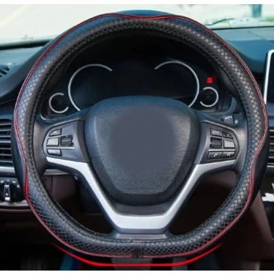 Imagen de Mayco Bell Funda para Volante de Parte Inferior Plana, Antideslizante, Segura, Suave, Transpirable, Duradera, Envolvente Completa, Agarre cómodo Piel Microfibra (Forma D, Negro y Rojo)