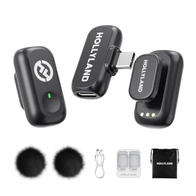 Imagen de Hollyland Lark A1 Mini Duo micrófono inalámbrico para iPhone 15/16 y Android (2 TX + USB C RX), magnético Youtube, TikTok, podcasts Vlogs (Negro, sin Estuche de Carga)