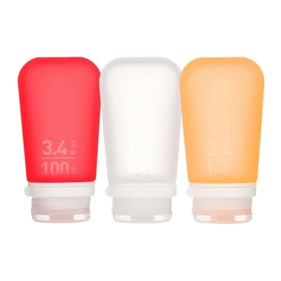Imagen de humangear GoToob+ Botella de Viaje Grande 100 ml con Tapa Bloqueo, Paquete 3, Grande, ml, Transparente/Rojo/Naranja,