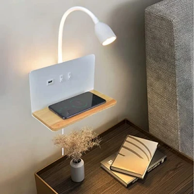 Imagen de Blanco Lámpara de Pared Junto a La Cama con Cargador Inalámbrico y puerto USB, Apliques Cable Enchufe Lectura Montaje en 360 Cuello Ganso 3 Colores Regulable