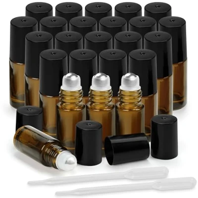 Imagen de BELLE VOUS Botella Roll On Ámbar (Pack de 24) 3 ml Frascos Vidrio Bola Acero Inoxidable Para Aceites Esenciales, Aromaterapia, Bálsamo Labial, Fragancia Frasco Perfume Recargable