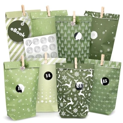 Imagen de Amari ® Calendario de Adviento para Rellenar Pastell Mix 24 Bolsas (con Pinzas Madera) Hacer en Navidad Bolsa Papel con Pegatinas números