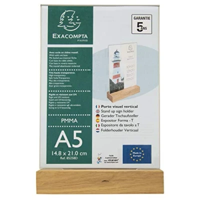 Imagen de Exacompta Ref 85258D Soporte para carteles con base de madera Adecuado documentos A5, zócalo roble macizo, visible por ambos lados, material PMMA (acrílico), rígido y resistente a los