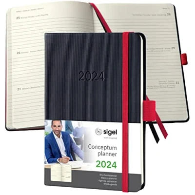 Imagen de SIGEL C2409 Conceptum Agenda semanal 2024, aprox. A6, negro, rojo, tapa dura, dos páginas = una semana, 176