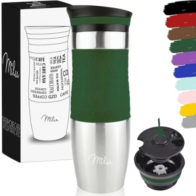 Imagen de Milu Taza aislante de café y té para llevar 370ml 450ml 100% a prueba fugas acero inoxidable beber vaso aislamiento al vacío Caliente frío (Verde oliva, 450ml)